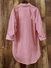  Gingham Print Button Up Long Sleeve Blouse