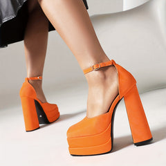 Women's Solid Block Heels Buckle Strap Platform Pumps Dress Heels