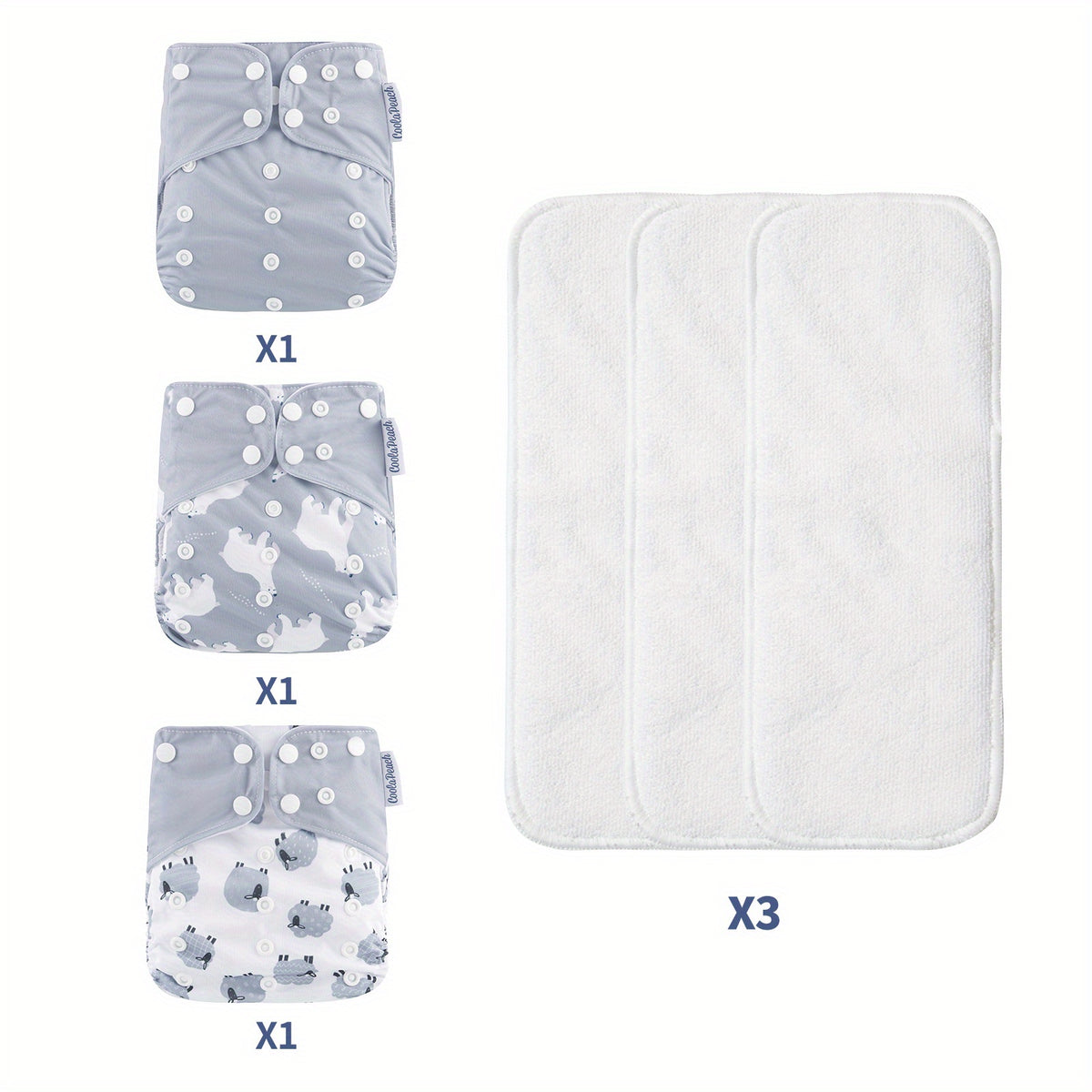 3pcs Eco-friendly Washable Baby Cloth Diaper Set with Inserts
