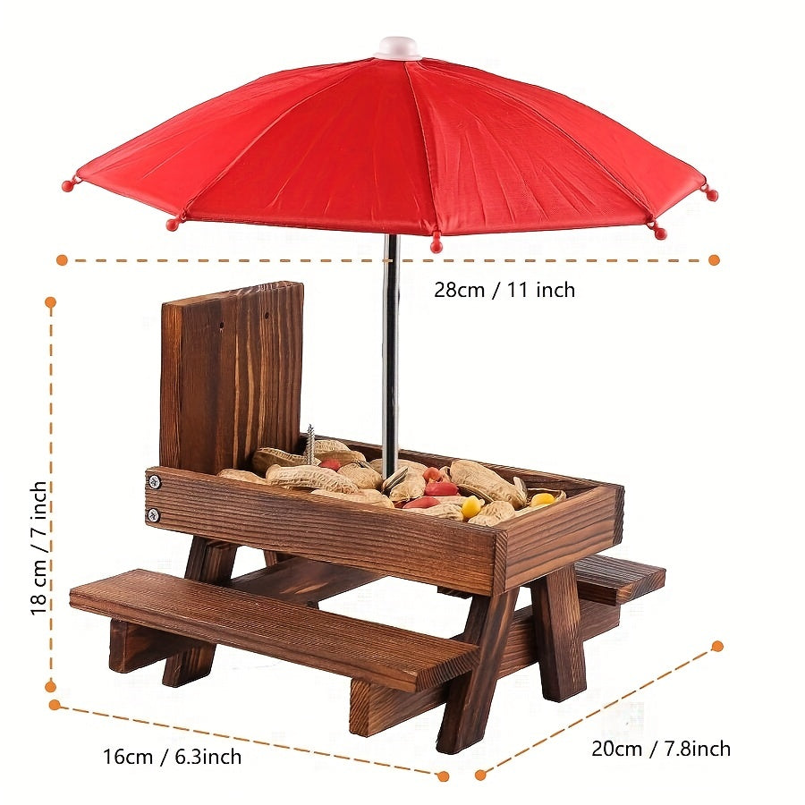 Wooden Squirrel Feeder Picnic House with Umbrella for Outdoor Garden