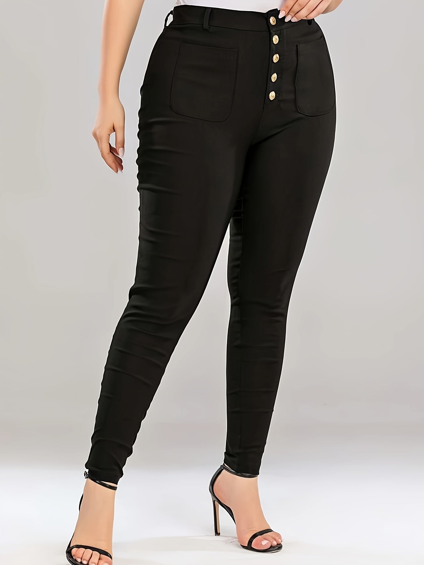 Solid High Waisted Button Skinny Pants Plus Size