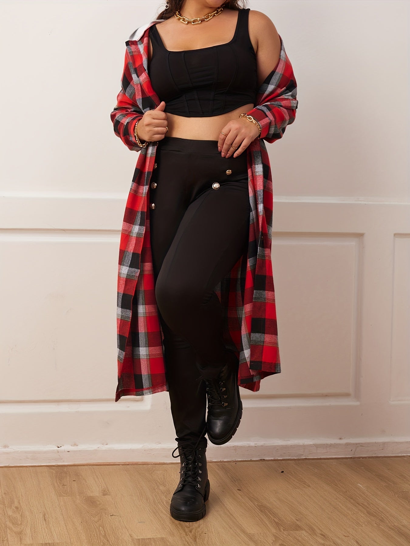  Plaid Print Hooded Blouse