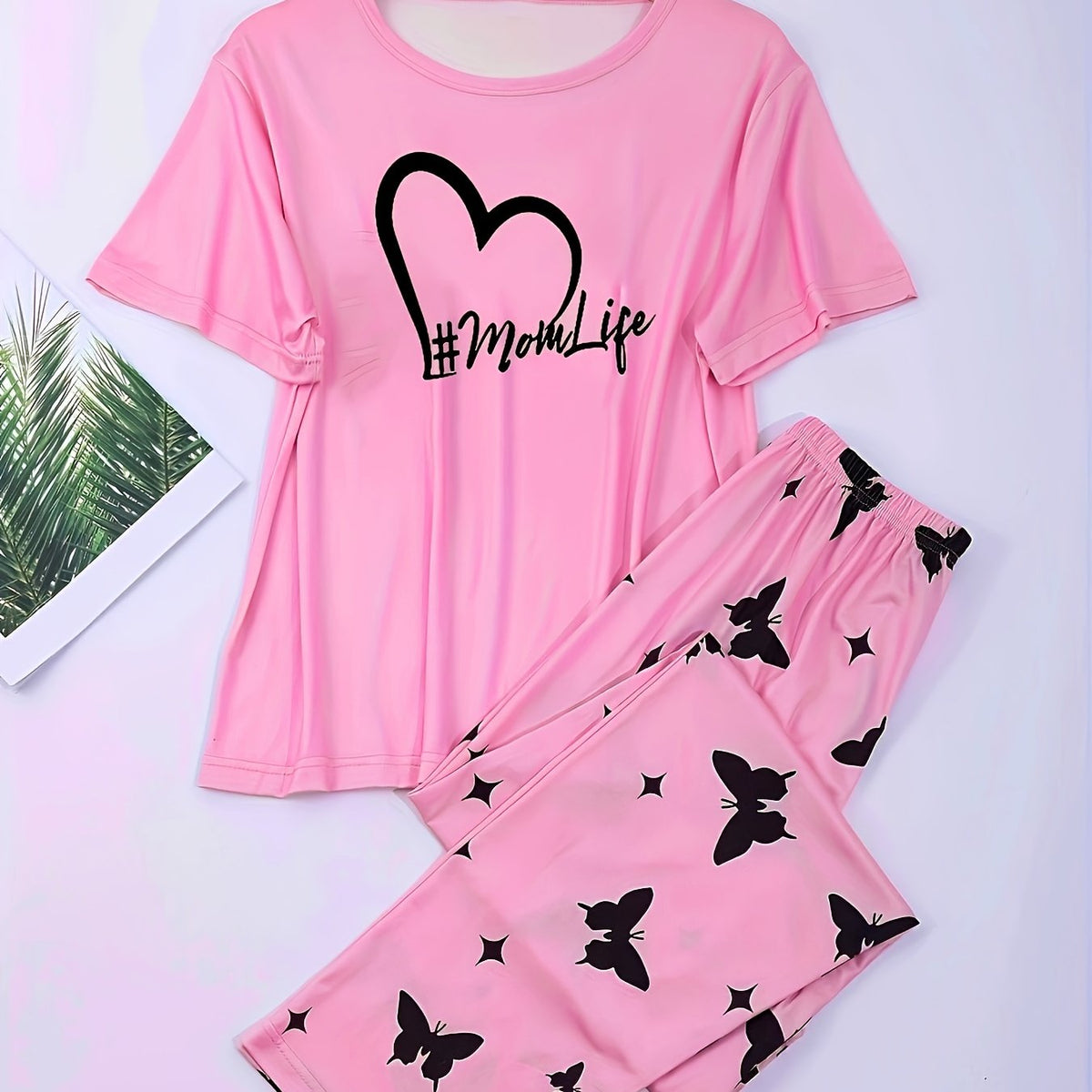 Heart Print Pajamas Set Short Sleeve Top & Pants Women's Sleepwear