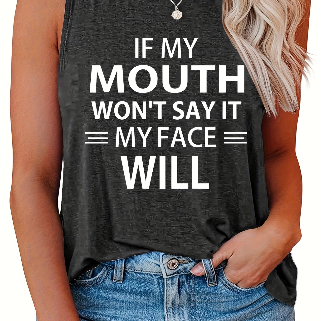  Casual Tank Top Women's Plus Slogan Print Round Neck Slight Stretch
