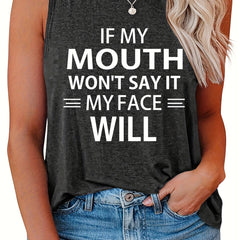  Casual Tank Top Women's Plus Slogan Print Round Neck Slight Stretch