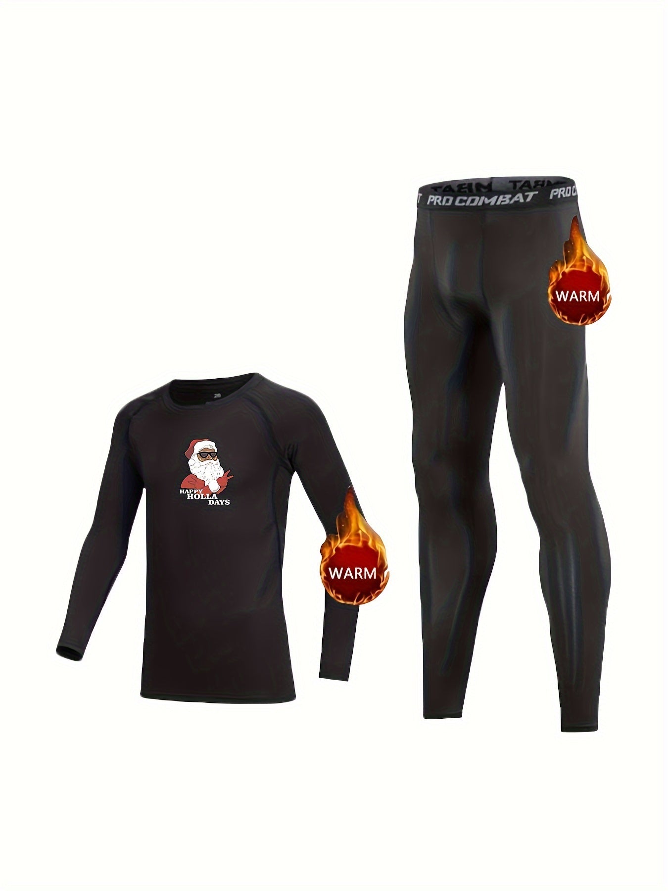 Kids Fleece Lined Compression Base Set Christmas Santa Long Sleeve Tops & Leggin