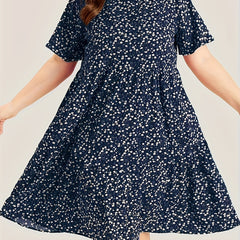  Ditsy Print Short Sleeve Round Neck Dress