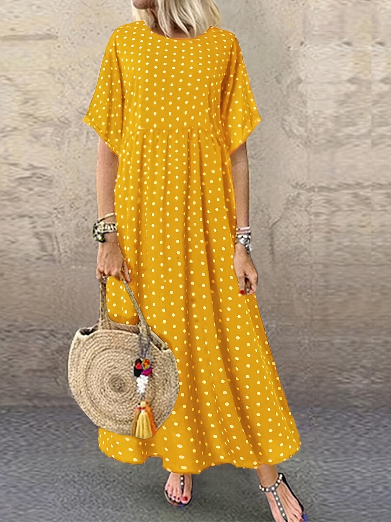  Polka Dot Print Short Sleeve Maxi Dress