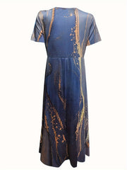  Marble Print Short Sleeve Midi Dress