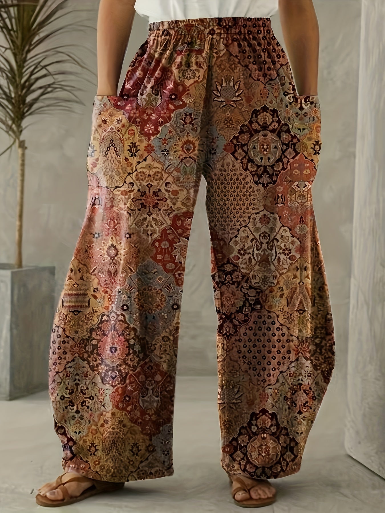  Boho Patchwork Print Wide Leg Pants