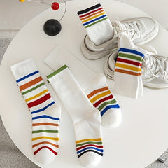 5 Pairs Rainbow Striped Socks College Style Women's Stockings