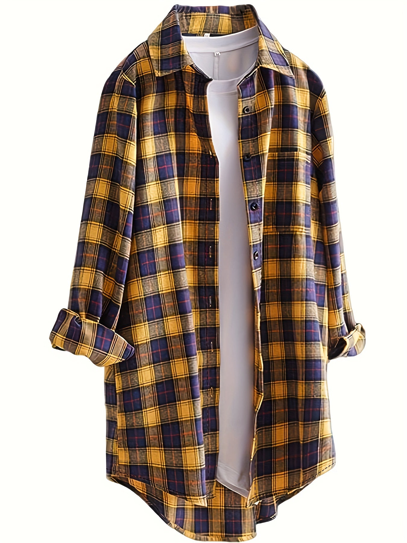  Plaid Button Up Collar Blouse
