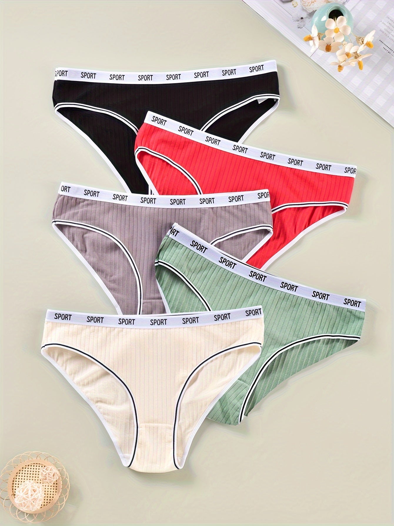 5 Pack Plus Size Sports Panties Set Women's Plus Ribbed Knit Contrast Letter Tap