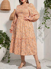  Floral Print Lantern Sleeve Midi Smock Dress