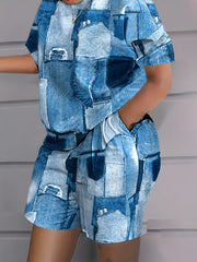  Denim Print Tee & Shorts 2pc Set