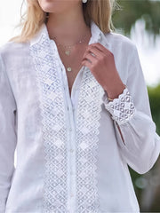  Solid Contrast Lace Button Long Sleeve Blouse