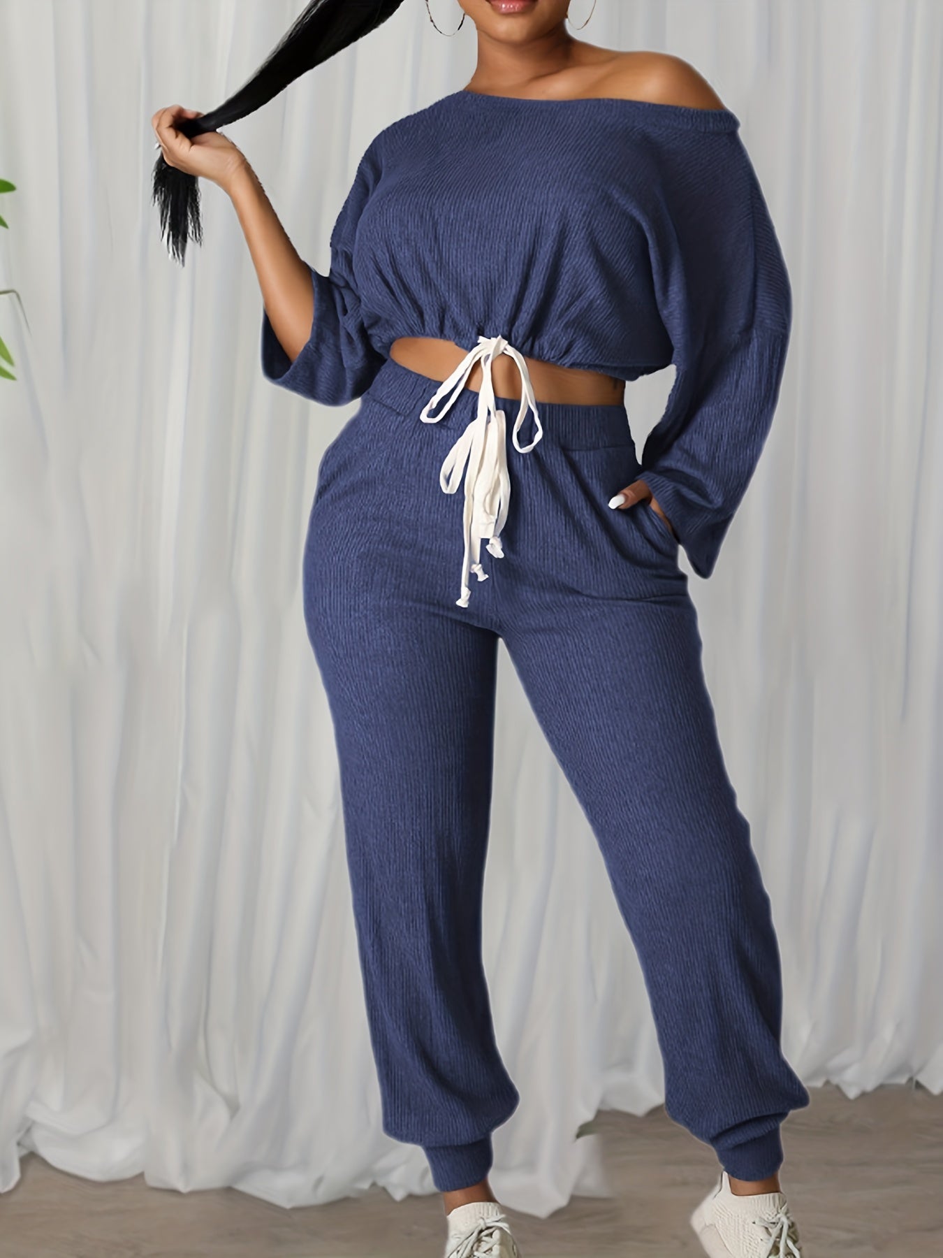  Solid Ribbed Long Sleeve One Shoulder Crop Top & Tapered Leg Pants Set
