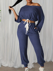  Solid Ribbed Long Sleeve One Shoulder Crop Top & Tapered Leg Pants Set