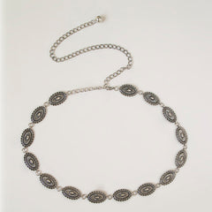 Vintage Engraved Metal Waist Chain Beaded Pendant Skinny Waist Belt