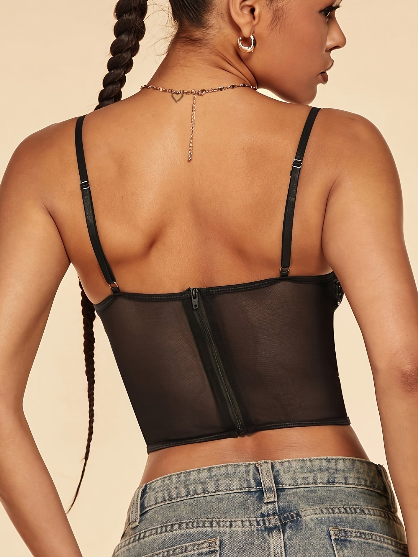 Mesh Cami Corset Bustier Sequin Decor Zipper Shaper Lingerie