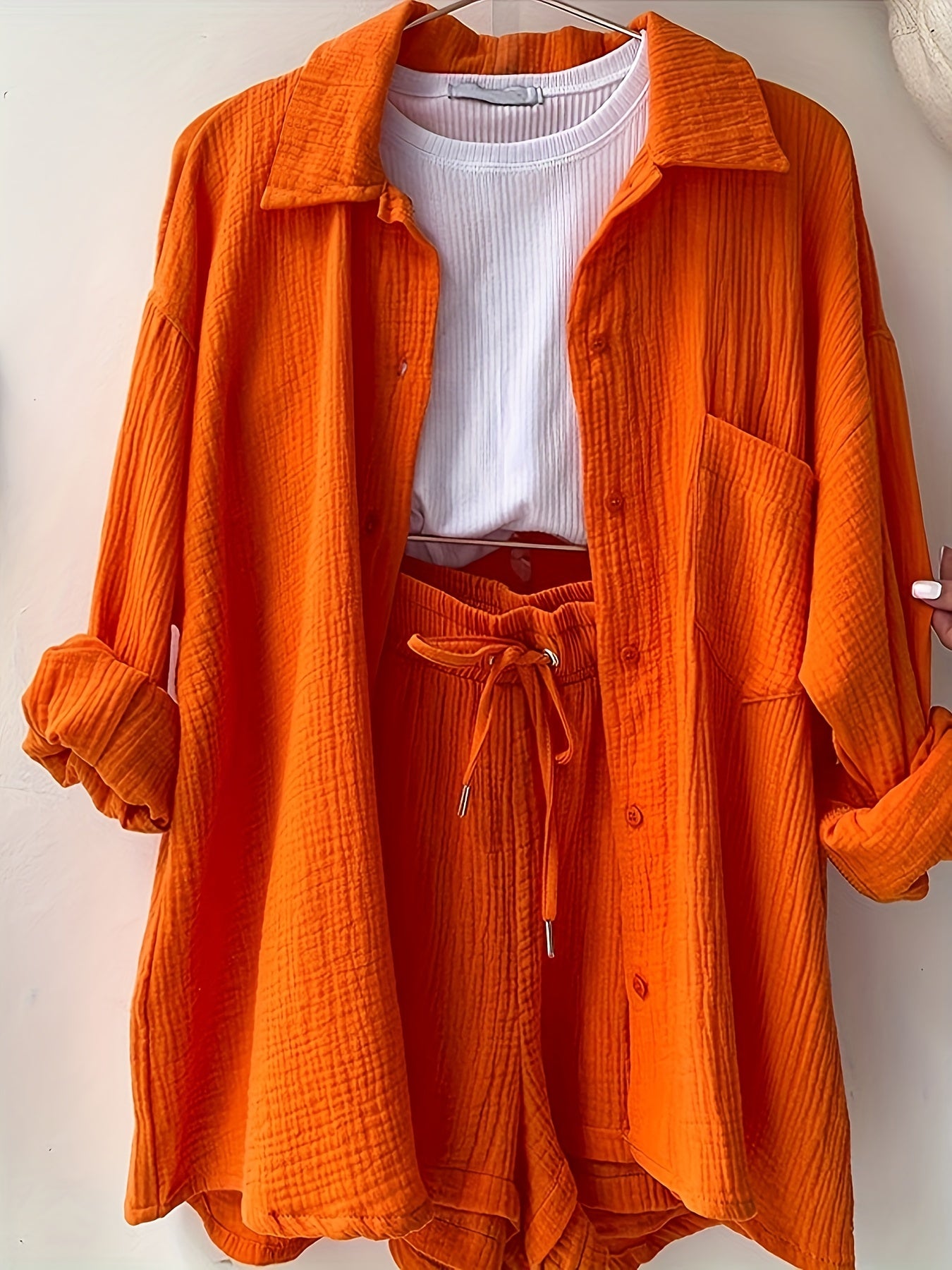 Casual Two piece Set Button Front Shirt & Drawstring Waist S