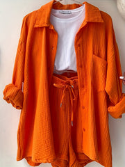 Casual Two piece Set Button Front Shirt & Drawstring Waist S