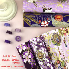 5pc Washi Bronzing Cotton Fabric Bundle, 5 Thread Bobbins, PreCut Fat Squares