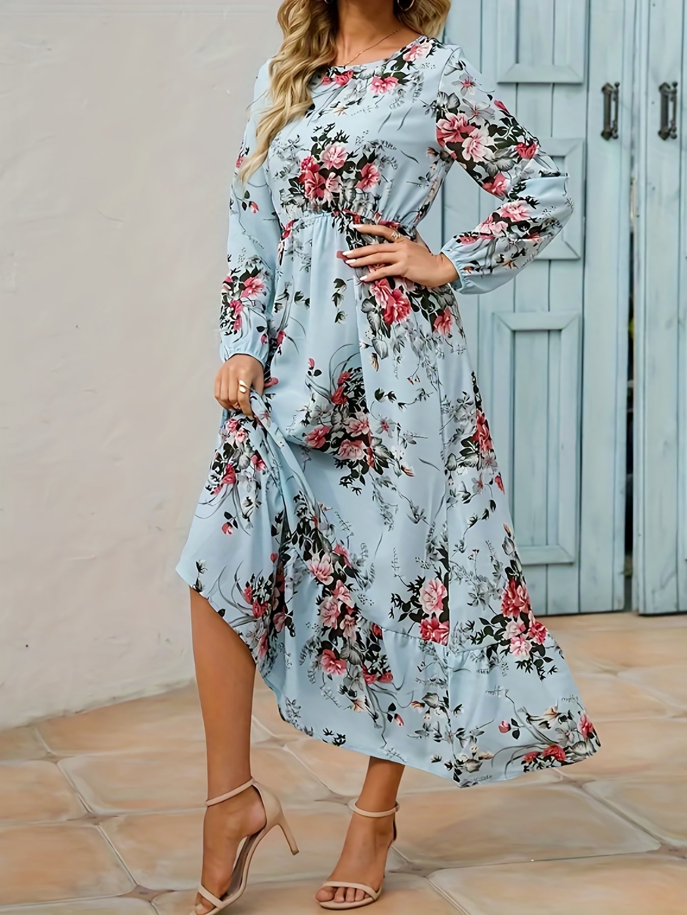  Floral Print Long Sleeve Maxi Dress