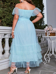  Polka Dot Mesh Off Shoulder Ruffle Trim Maxi Dress