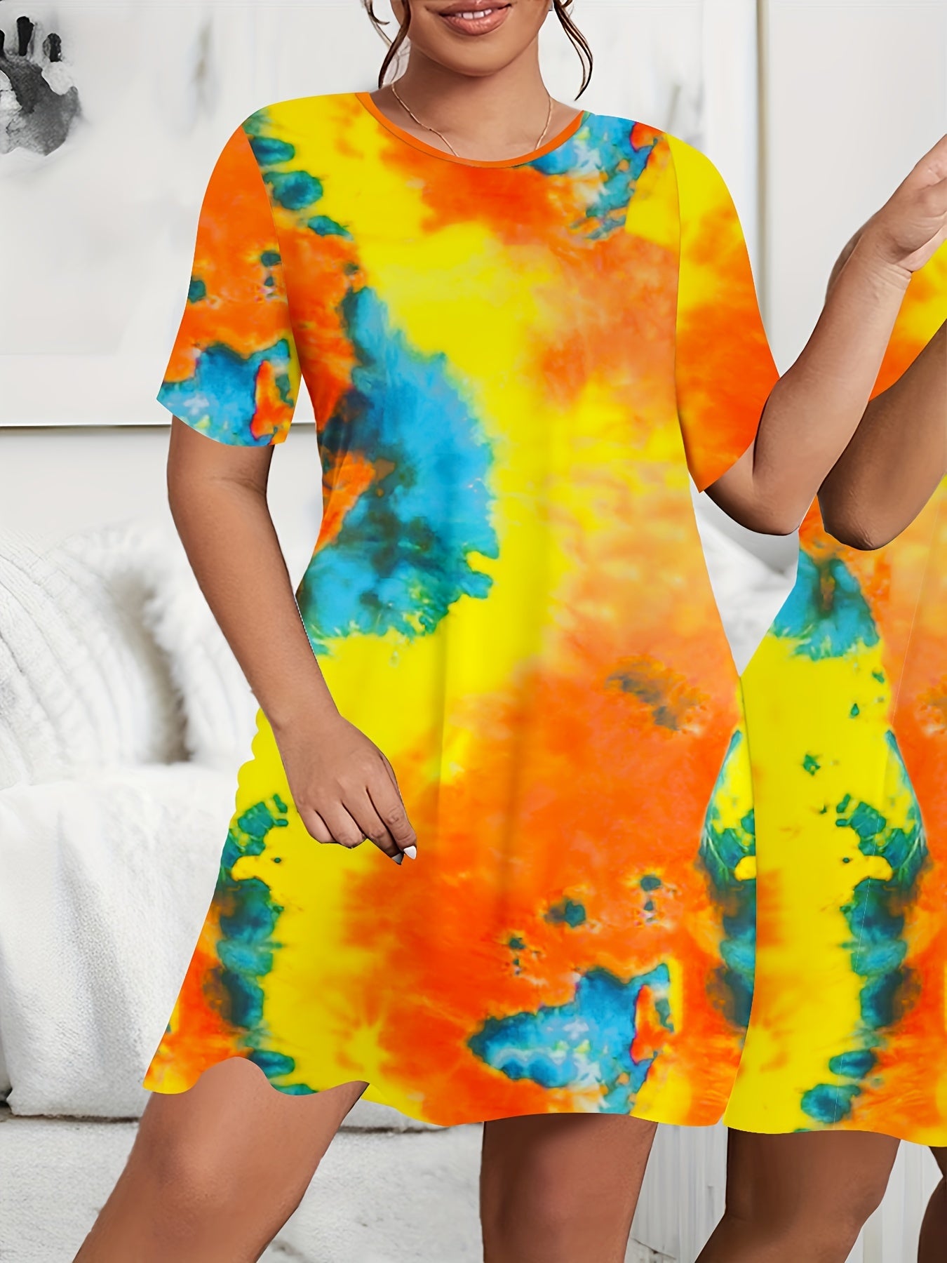  Geometric Print Short Sleeve Stretch Dress