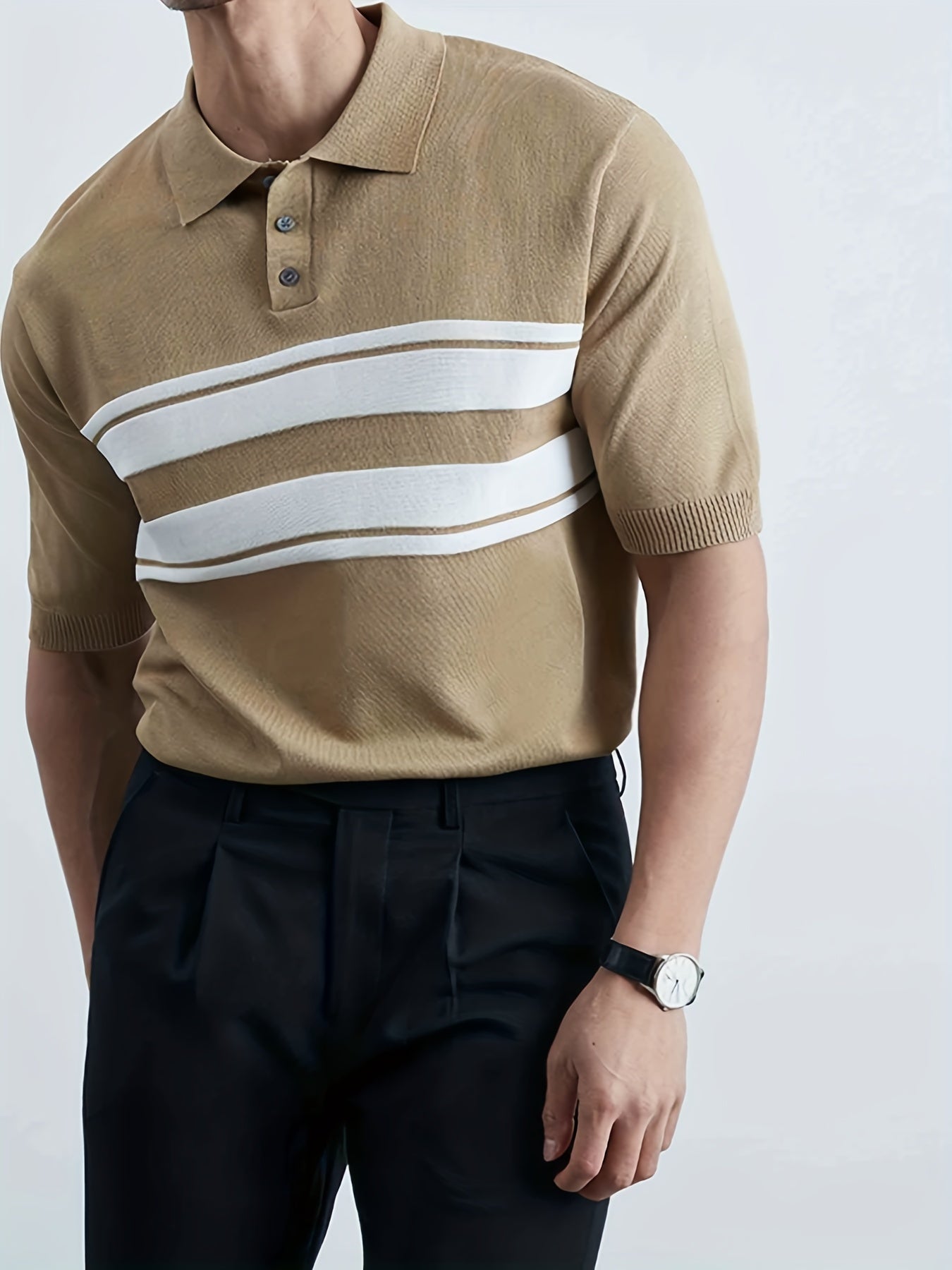 Striped Pattern Knit Short Sleeves Polo Shirt Men's Casual Lapel High Stretch