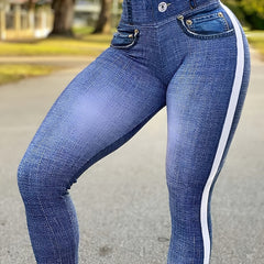 High Stretch Faux Denim Striped Leggings