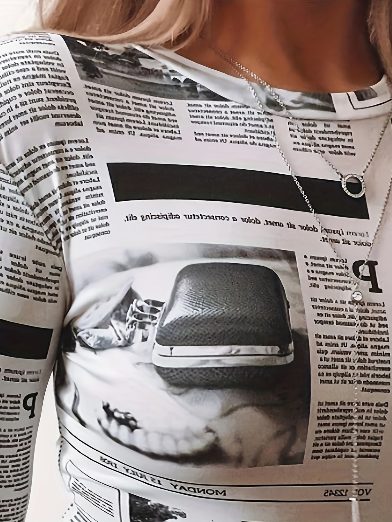  Sexy Newspaper Print Bodysuit Round Neck Long Sleeve