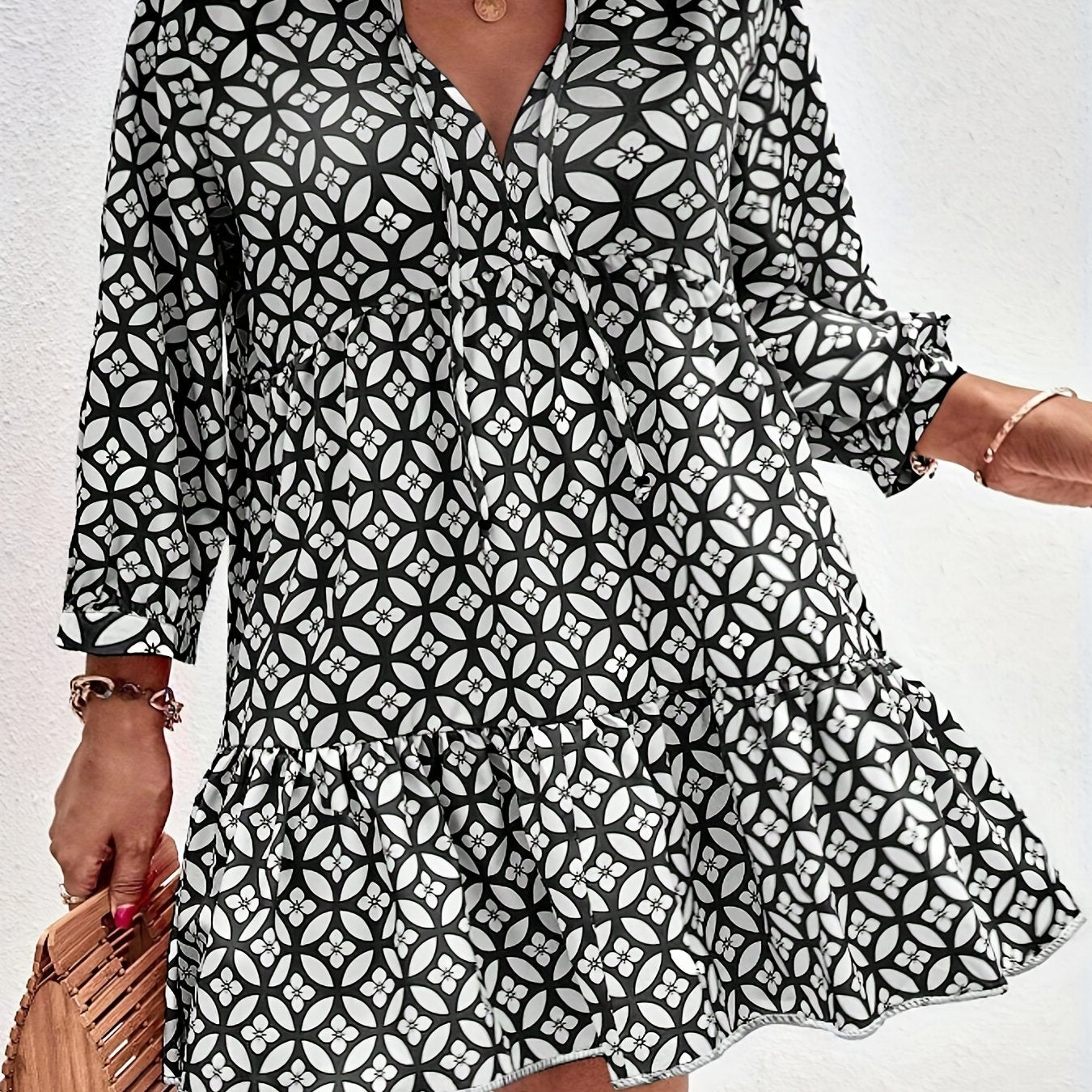  Boho Dress Women's Plus Allover Print Ruffle Trim Long Sleeve