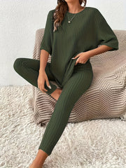 Ribbed Knit Two piece Set Drop Shoulder Short Sleeve T shirt & Slim Pants