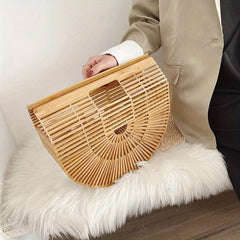 Bamboo Woven Bag Beach Bag Portable Semicircle Bag Clutch Handbag