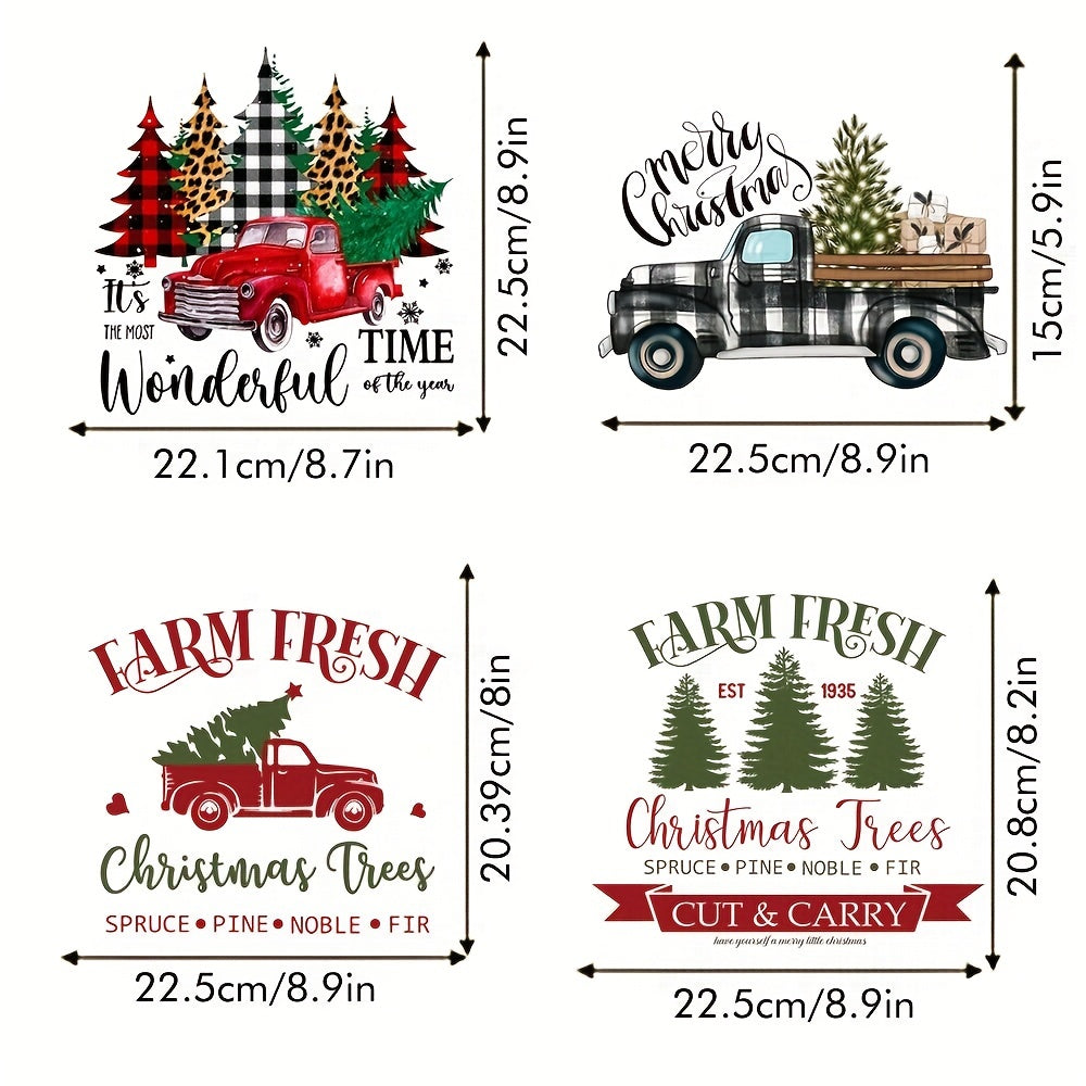 Christmas Car Tree Heat Transfer Sticker DIY Iron On Patch Retro Red Car