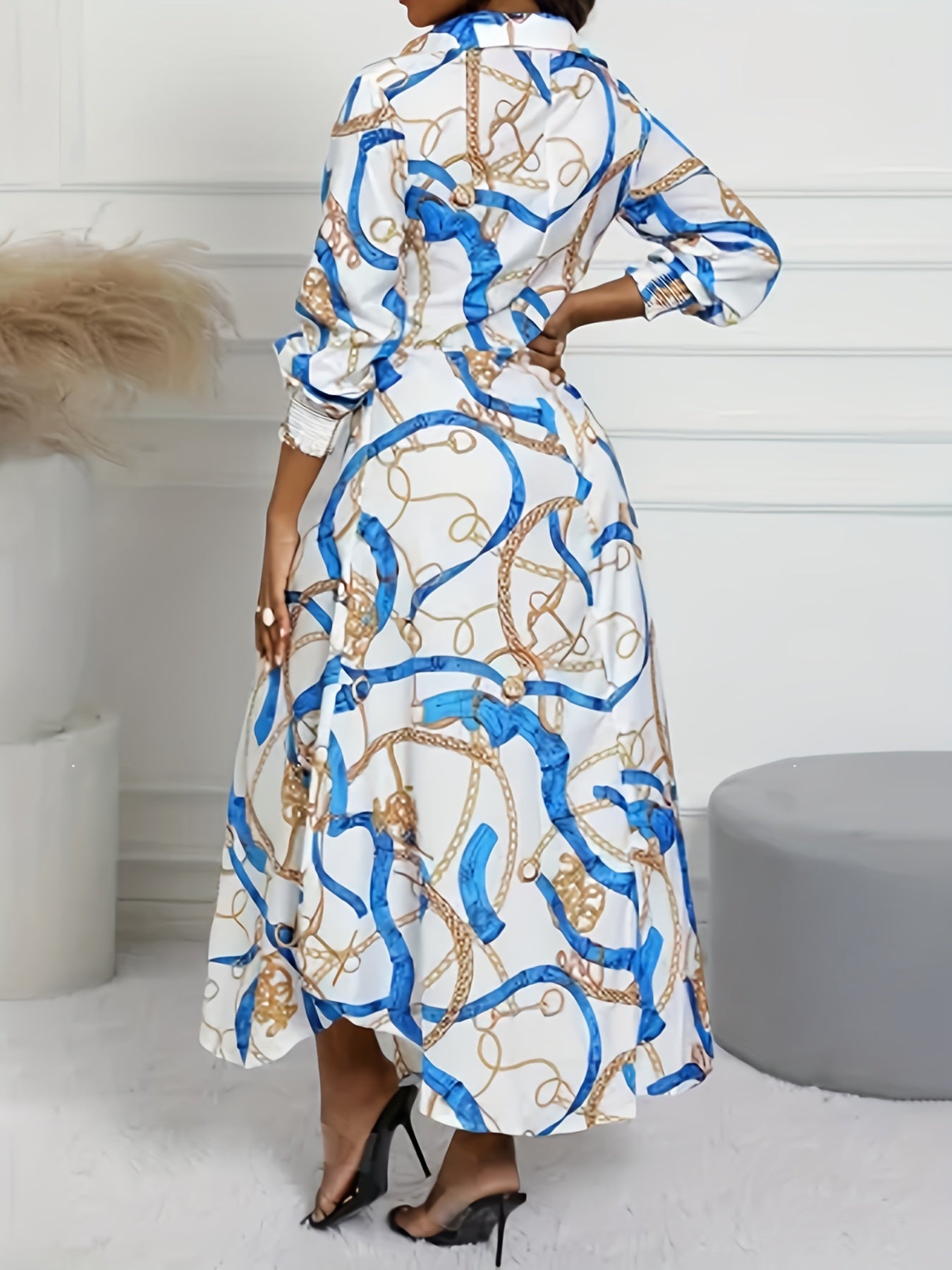  Chain Print Long Sleeve Shirt Dress