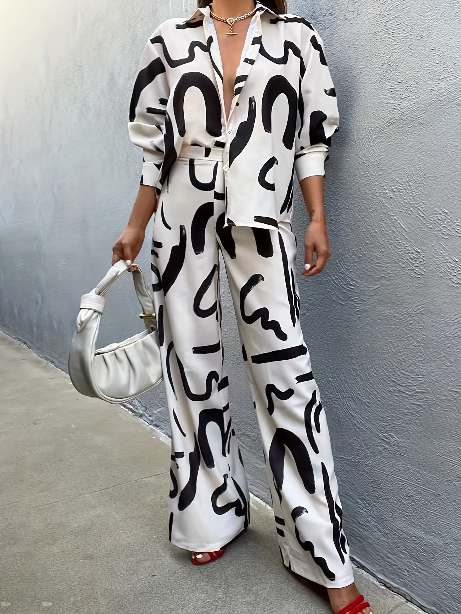  Graffiti Print Long Sleeve Shirt & Pants Set