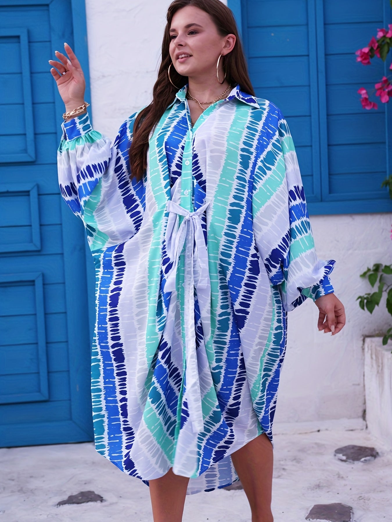 Women's Plus Tie Dye Bat Sleeve Button Up Oversized Maxi Dress