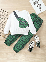 2pcs Boys Bag Print Sweatshirt & Pant Set