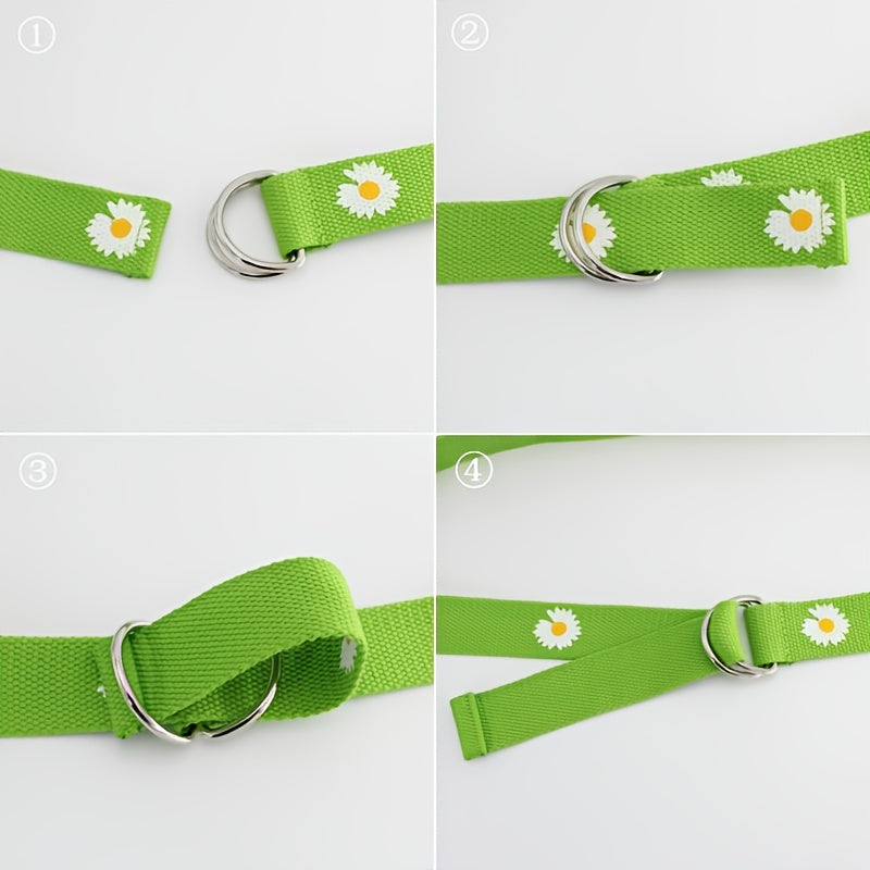 Orange Floral Print Double Buckle Canvas Belt for Women