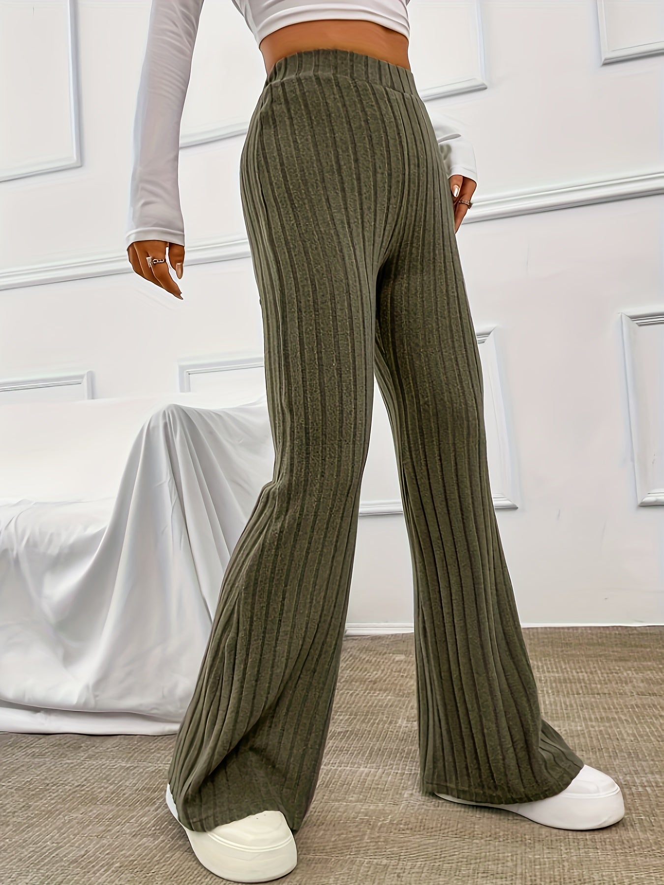  Solid Ribbed High Rise Flared Leg Pants