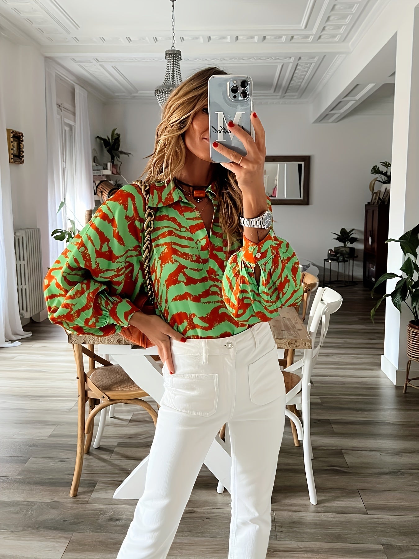  Animal Print Lantern Sleeve V Neck Blouse