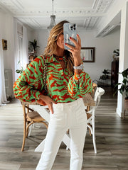 Animal Print Lantern Sleeve V Neck Blouse