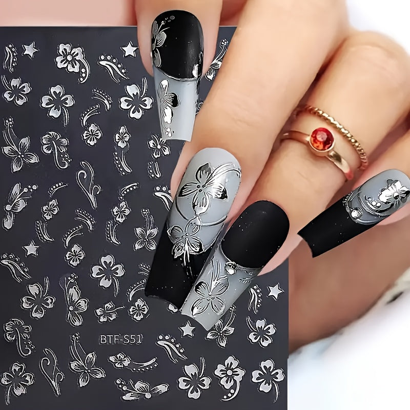 Floral Nail Art Stickers Decals - Glitter Adhesive Nail Embellishments