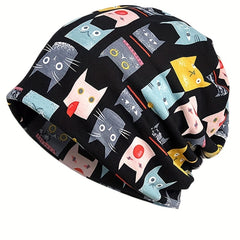 Cartoon Cat Print Beanie Skull Hat Turban Lightweight Chemo Cap