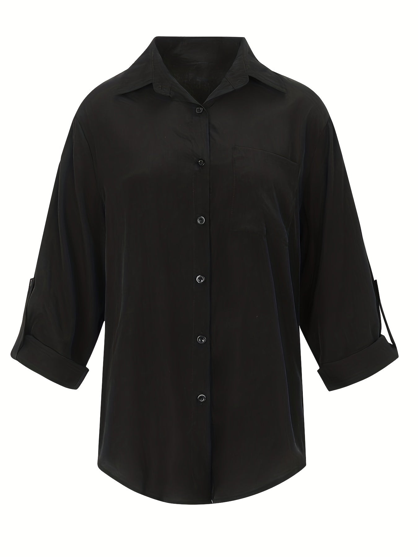  Basic Blouse Women's Plus Solid Button Up Roll Up Sleeve