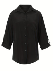  Basic Blouse Women's Plus Solid Button Up Roll Up Sleeve