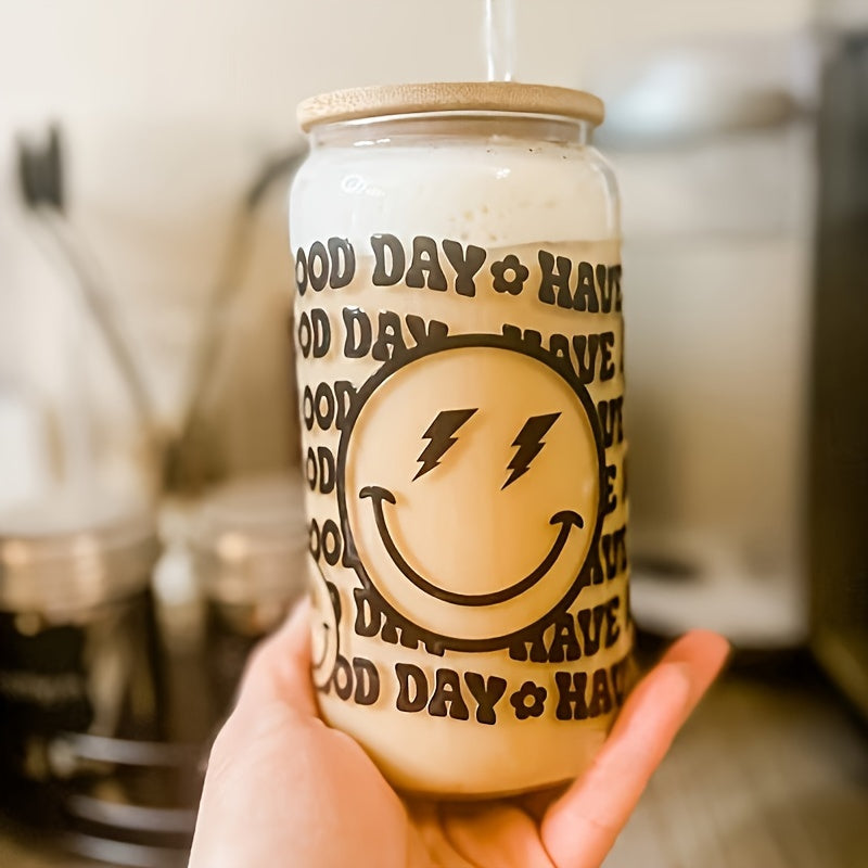 Smiley Face Glass Cup Set with Lid & Straw Holiday Gift